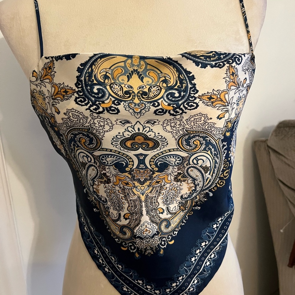 Cotton Candy Navy, Cream and Gold Paisley Scarf-Neck Cami
